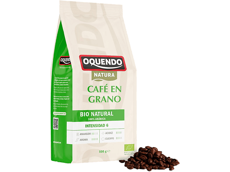 Café en grano - Oquendo Bio Natural, 100% Arábica, Intensidad 6, 500g