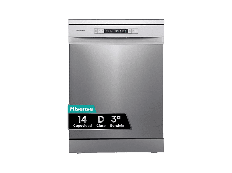 Lavavajillas - Hisense HS623D10X, 14 servicios, 7 programas, 60 cm, Media Carga, Tercera bandeja, Inox
