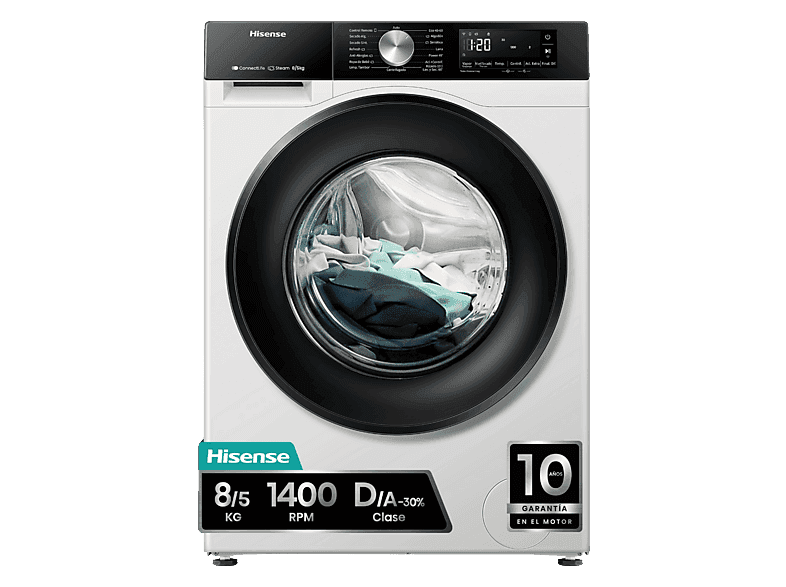 HISENSE Lavadora secadora - Hisense WD3S8043BW3, 8 kg/5 kg, 1400 rpm, 16 programas. Clase A-30%, WiFi, Blanco