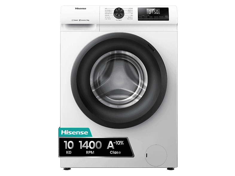 HISENSE Lavadora carga frontal - Hisense WF1Q1041BW, 10 kg, 1400 Rpm, Función Vapor, Eficiencia A-20%, Blanco