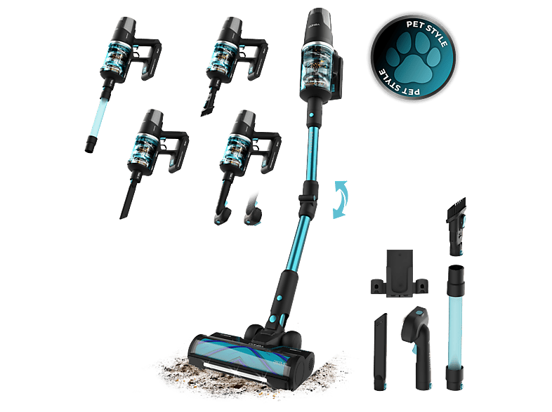 Aspirador escoba - Cecotec RX50 Pet Flex, 300 AW, 780 W, 90 min, Cepillo HairLess, Tubo flexible, Kit completo, Negro/Azul
