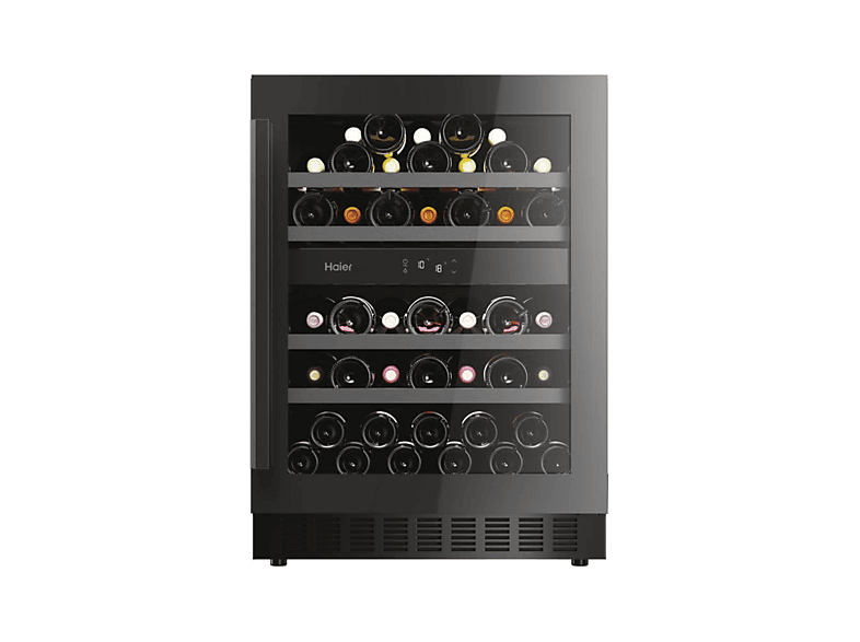 HAIER Vinoteca integrable - Haier HAKWBD 60, Ventilador, 44 Botellas, Luz LED, 2 Zonas, Estantes de Madera, Negro