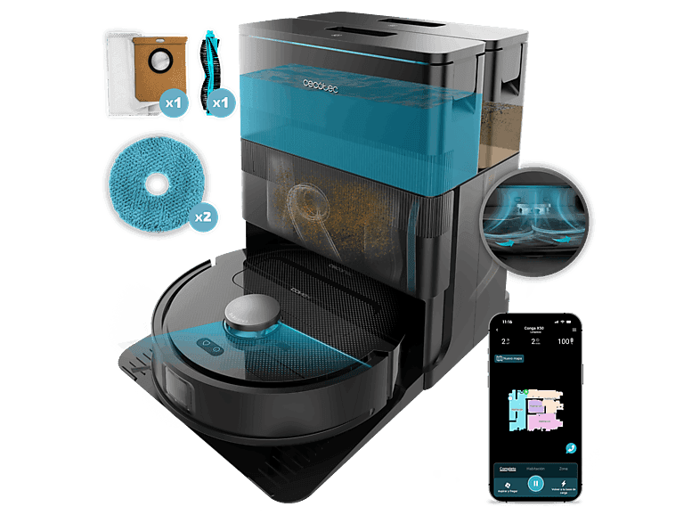 Cecotec Robot friegasuelos - Cecotec Conga X50, 50 W, 240 min autonomía, Navegación láser, Fregado spin, 15000 Pa, Negro