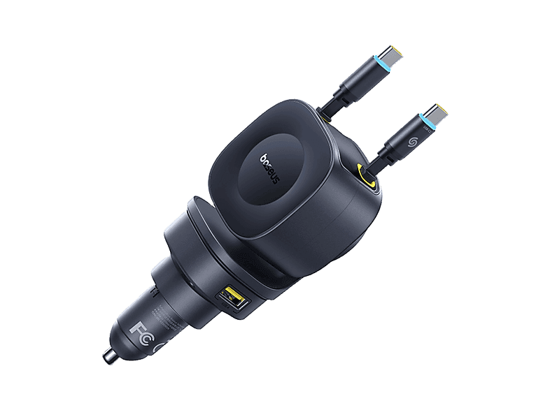 Cargador coche - Baseus PrimeTrip VR2 Max, Universal, Tipo C y USB, Sistema retráctil magnético, Carga rápida multidispositivo, Giro 450º, 100W, Negro