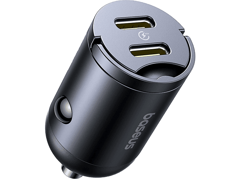 Cargador coche - Baseus Tiny Star Mini, 30W, 2x Tipo-C, Carga rápida, Multidispositivo, Con pestaña de extracción, Universal, Negro Cosmic