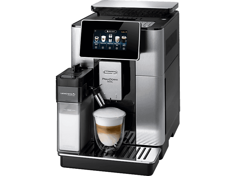 DELONGHI PrimaDonna Soul ECAM610.75.MB - 21 Rezepte, 5 Profile, cremiger Milchschaum, einfache Bedienung, Kaffeevollautomat Edelstahl/Schwarz