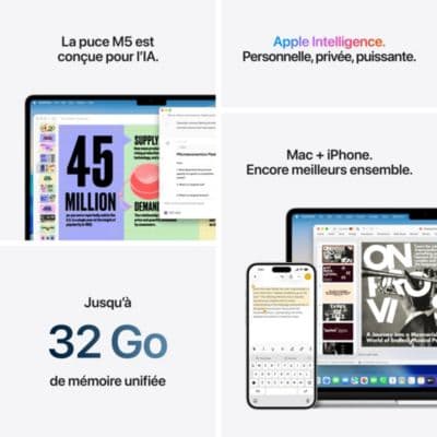 Ordinateur Apple MACBOOK Air 13" Puce M5 CPU 10 / GPU 8 coeurs Mémoire RAM 16Go Stockage 512Go SSD Lumière stellaire - Image 8
