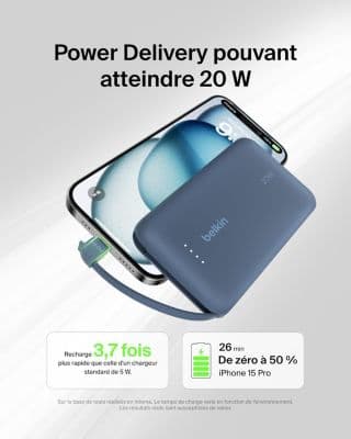 Batterie externe BELKIN 10000 mAh avec cable USB-C intégre bleu - Image 5
