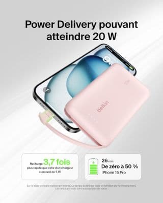Batterie externe BELKIN 10000 mAh avec cable USB-C intégre pink - Image 5