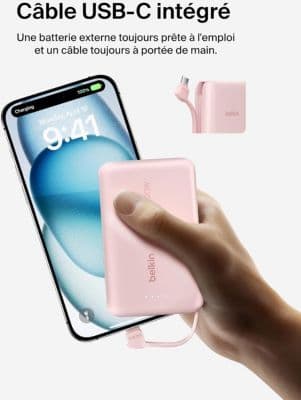 Batterie externe BELKIN 10000 mAh avec cable USB-C intégre pink - Image 8