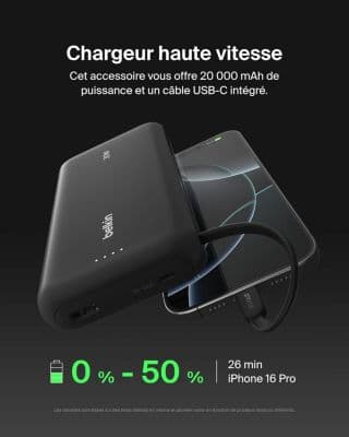 Batterie externe BELKIN 20000 mAh avec cable USB-C intégre noir - Image 5