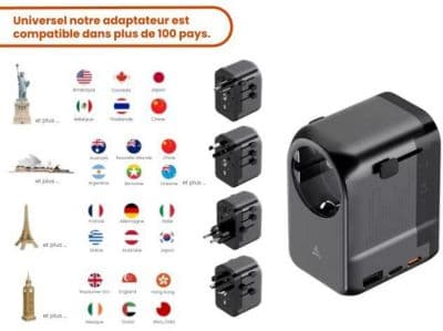 Adaptateur de voyage ADEQWAT 65W universel EU UK US ASIE + Sacoche ADEQWAT à bandoulière 12h noir + Coussin de voyage ADEQWAT ergonomique à mémoire de forme - Image 2