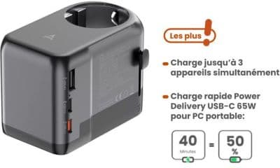 Adaptateur de voyage ADEQWAT 65W universel EU UK US ASIE + Sacoche ADEQWAT à bandoulière 12h noir + Coussin de voyage ADEQWAT ergonomique à mémoire de forme - Image 3
