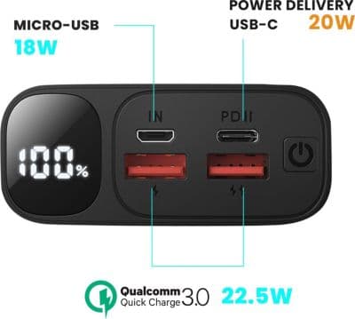 Batterie externe BWOO 20000mAh 22.5W avec USB-C + 2 USB Noir - Image 3