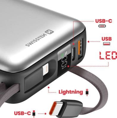 Batterie externe SWISSTEN 20000mAh Câbles USB-C et Lightning Gris - Image 4