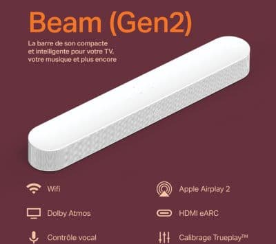 Caisson de basse SONOS Sub Mini White + Barre de son SONOS Beam 2 Blanc - Image 3