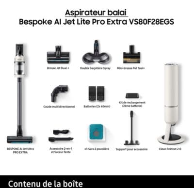 Aspirateur balai SAMSUNG Bespoke AI Jet Lite Pro Extra Blanc 2 batteries VS80F28EGS - Image 4