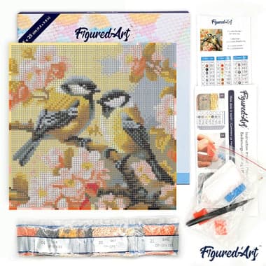 Mini Diamond Painting Broderie Diamant Figured’Art 25x25cm toile tendue sur châssis en bois - diamants ronds - Couple d'Oiseaux parmi les Fleurs - Image 5