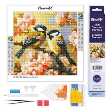 Mini Diamond Painting Broderie Diamant Figured’Art 25x25cm toile entière roulée avec diamants ronds - Couple d'Oiseaux parmi les Fleurs - Image 1