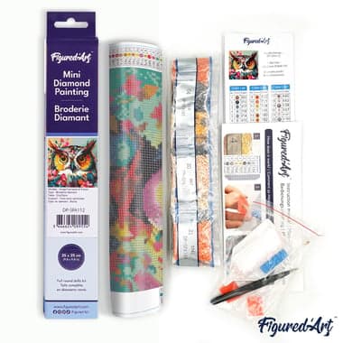 Mini Diamond Painting Broderie Diamant Figured’Art 25x25cm toile entière roulée avec diamants ronds - Hibou Fantaisie et Fleurs - Image 5