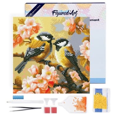 Mini Diamond Painting Broderie Diamant Figured’Art 25x25cm toile tendue sur châssis en bois - diamants ronds - Couple d'Oiseaux parmi les Fleurs - Image 1