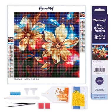 Mini Diamond Painting Broderie Diamant Figured’Art 25x25cm toile entière roulée avec diamants ronds - Fleurs Dorées Brillantes - Image 1