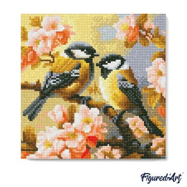 Mini Diamond Painting Broderie Diamant Figured’Art 25x25cm toile tendue sur châssis en bois - diamants ronds - Couple d'Oiseaux parmi les Fleurs - Image 4