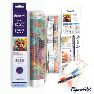 Mini Diamond Painting Broderie Diamant Figured’Art 25x25cm toile entière roulée avec diamants ronds - Singe Fantaisie et Fleurs - Image 5