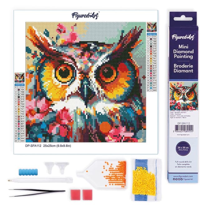 Mini Diamond Painting Broderie Diamant Figured’Art 25x25cm toile entière roulée avec diamants ronds - Hibou Fantaisie et Fleurs - Image 2