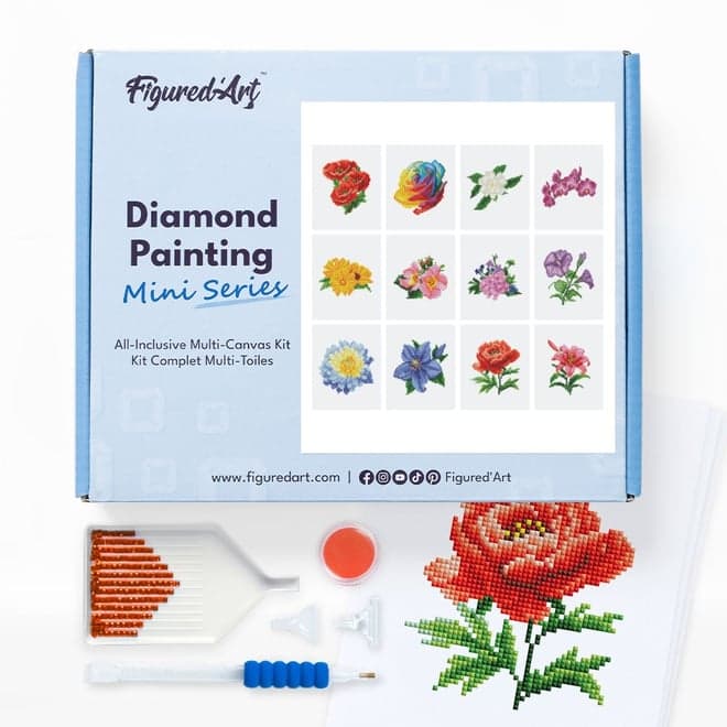 Figured’Art Mini Série Diamond Painting - Coffret Premium 12 toiles de 15x18cm Fleurs 2 - Broderie Diamant avec Strass Carrés - Kit Complet - Image 2