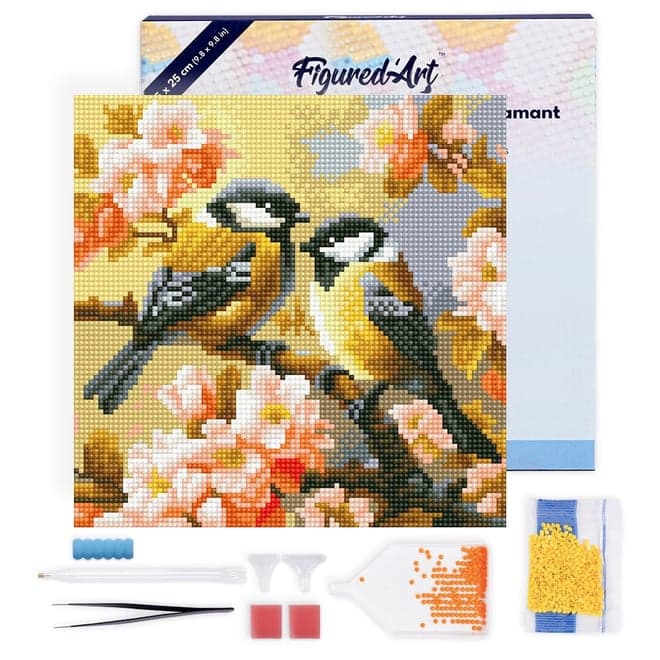 Mini Diamond Painting Broderie Diamant Figured’Art 25x25cm toile tendue sur châssis en bois - diamants ronds - Couple d'Oiseaux parmi les Fleurs