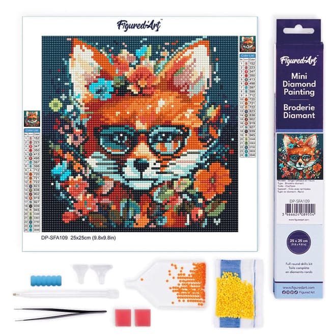 Mini Diamond Painting Broderie Diamant Figured’Art 25x25cm toile entière roulée avec diamants ronds - Renard Fantaisie et Fleurs