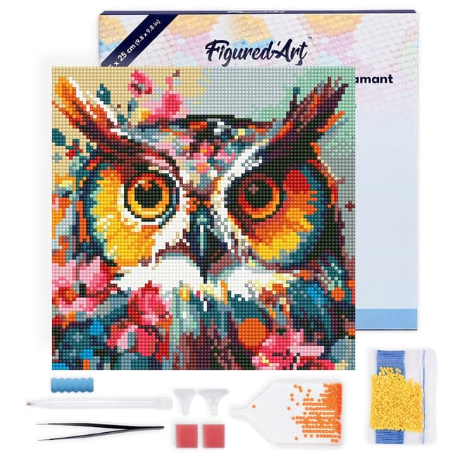 Mini Diamond Painting Broderie Diamant Figured’Art 25x25cm toile tendue sur châssis en bois - diamants ronds - Hibou Fantaisie et Fleurs - Image 2