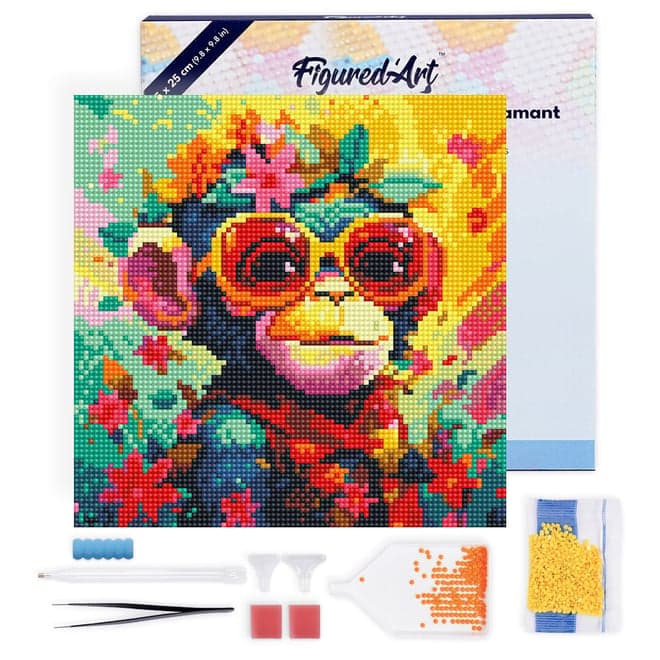 Mini Diamond Painting Broderie Diamant Figured’Art 25x25cm toile tendue sur châssis en bois - diamants ronds - Singe Fantaisie et Fleurs - Image 2