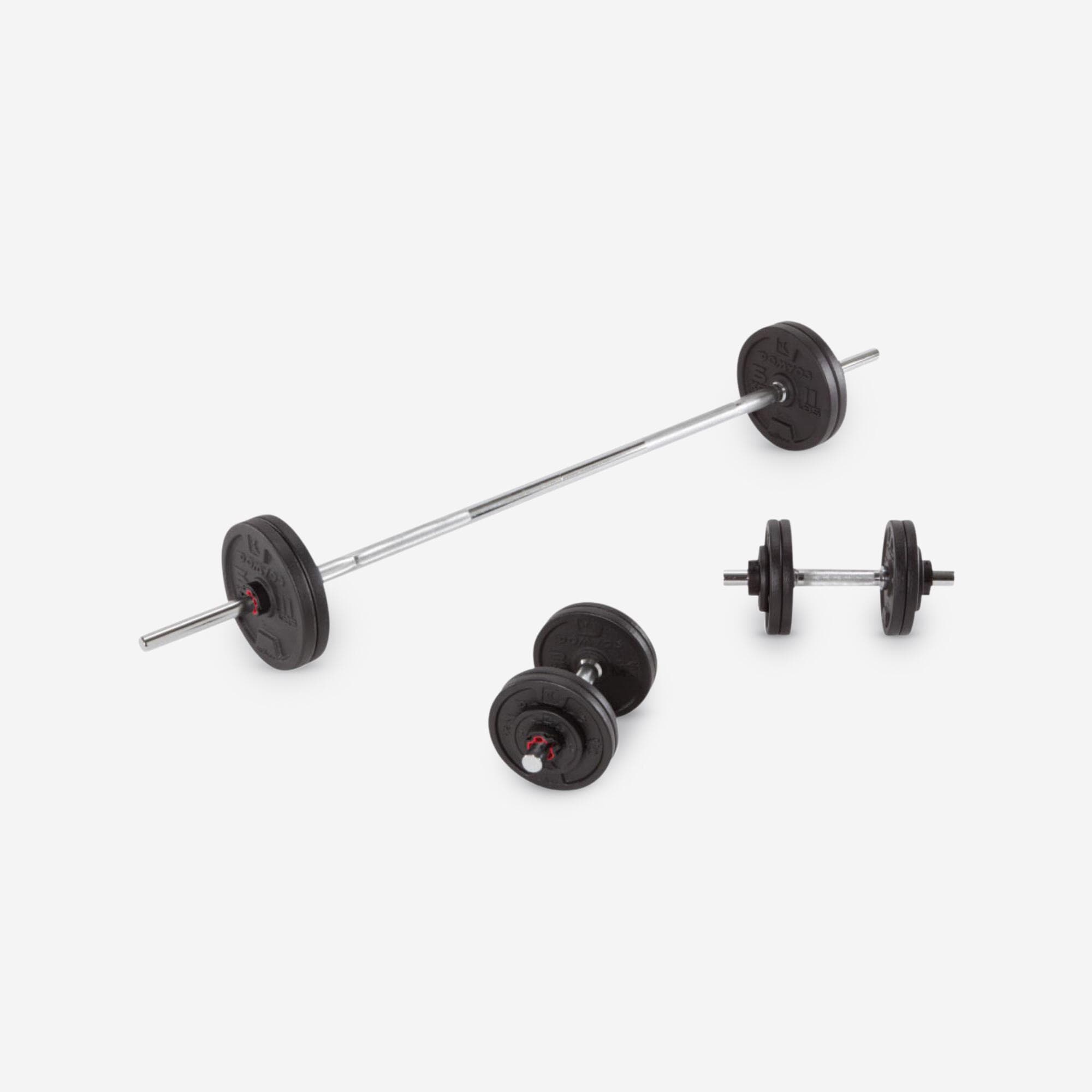 Kit 50 kg haltères et barre musculation avec disque de fonte à 80 % recyclée
