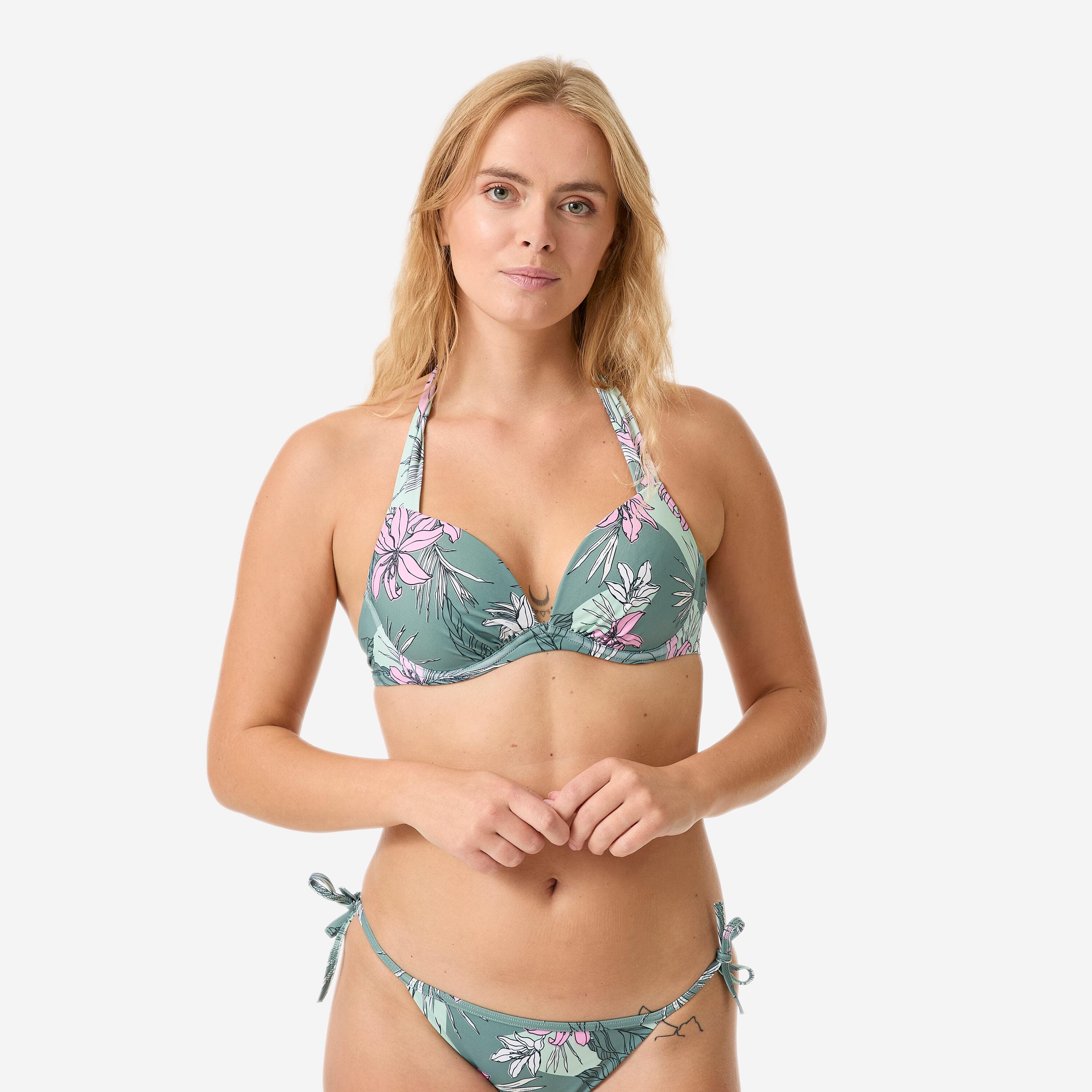 Haut de maillot push up surf femme, Elena Numea kaki