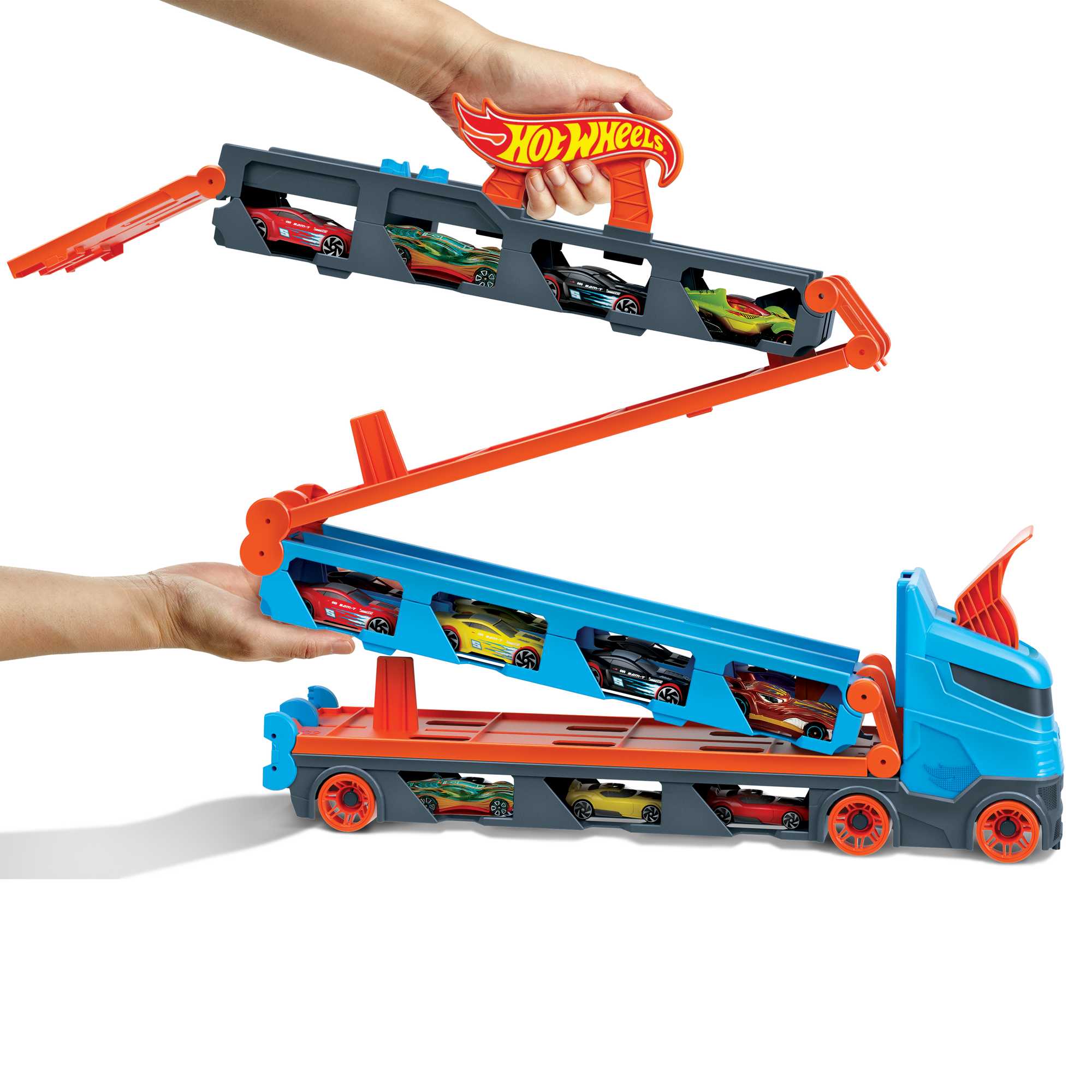 Hot Wheels Camión de transporte convertible en pista para coches de juguete - Image 3