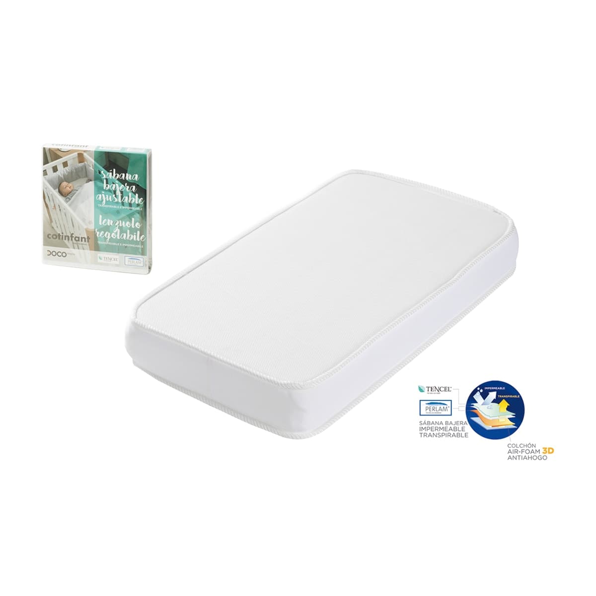 Cotinfant - Sábana Bajera Ajustable para Minicuna Doco Sleeping (50 x 90 cm.) Cotinfant con Protector blanco.