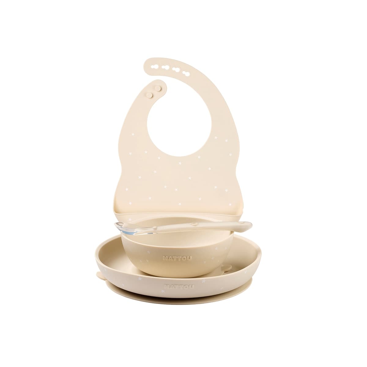 Nattou - Vajilla 4 piezas Nattou silicona con babero.
