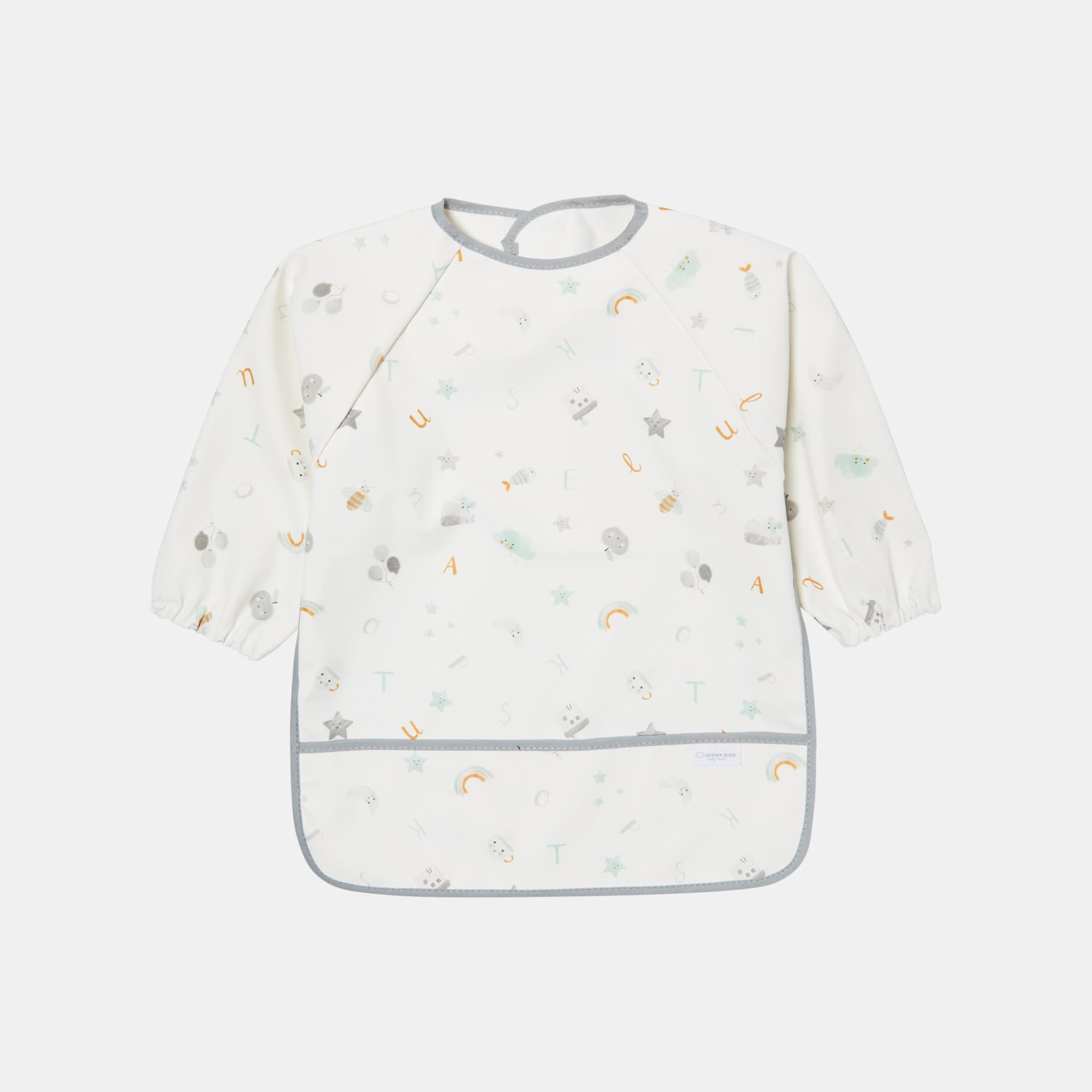 Cotton Juice Baby Home - Babero manga larga Cotton Juice Baby Home Mi primer A, B, C gris estampado.