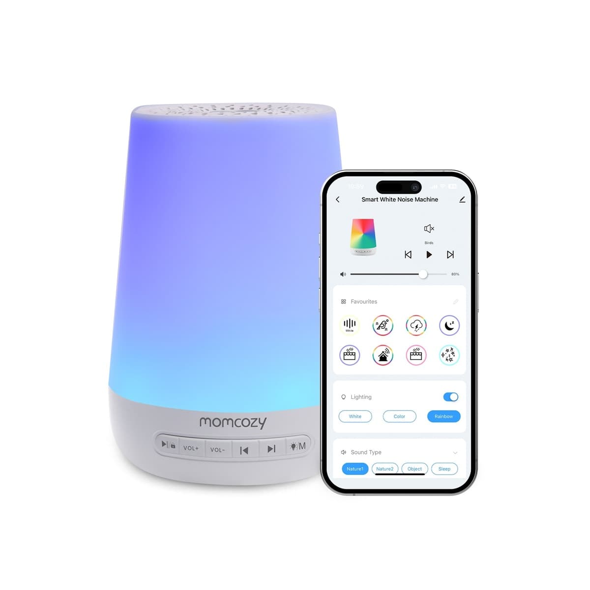 MOMCOZY - Luz quitamiedos para bebés MOMCOZY con ruido blanco y control por APP.
