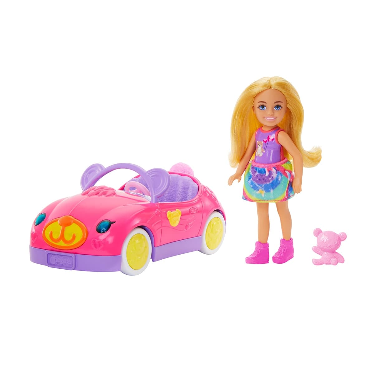 Barbie - Barbie Chelsea Muñeca rubia pequeña con coche de juguete rosa descapotable.