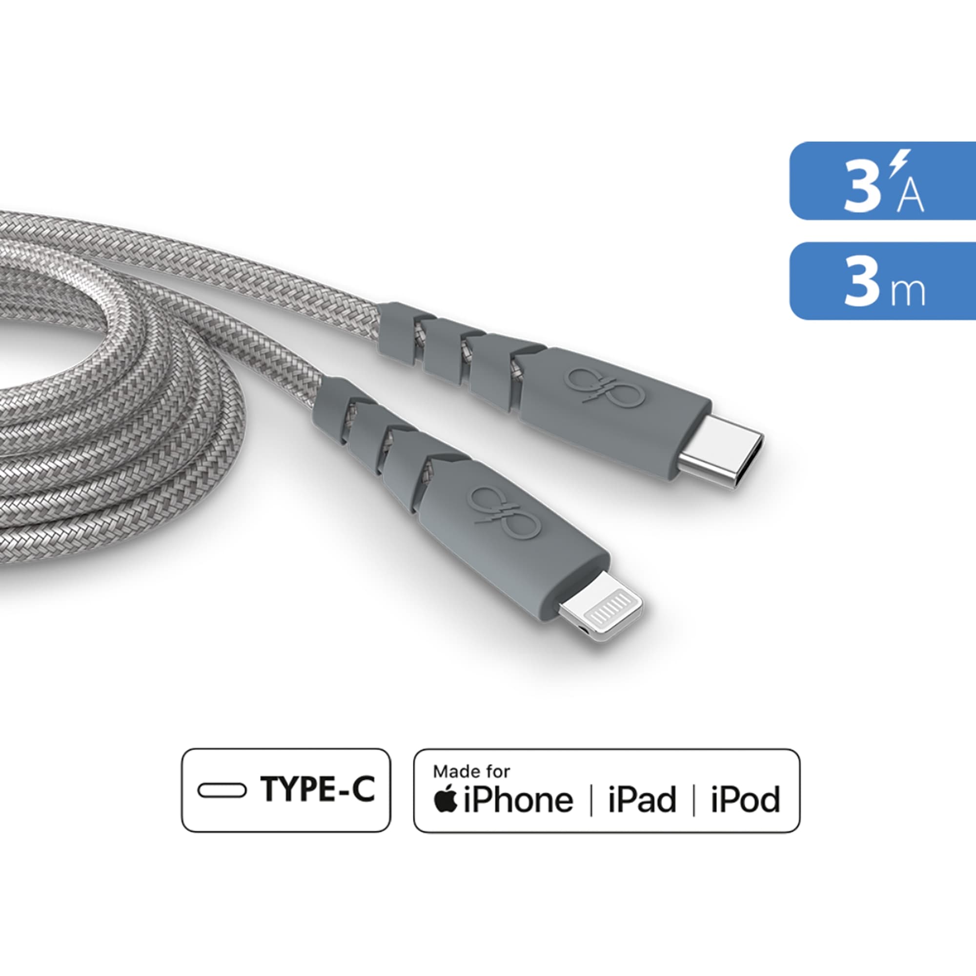 FORCE POWER - Cable Ultra Reforzado USB C - USB Lightning 3A 3 m.