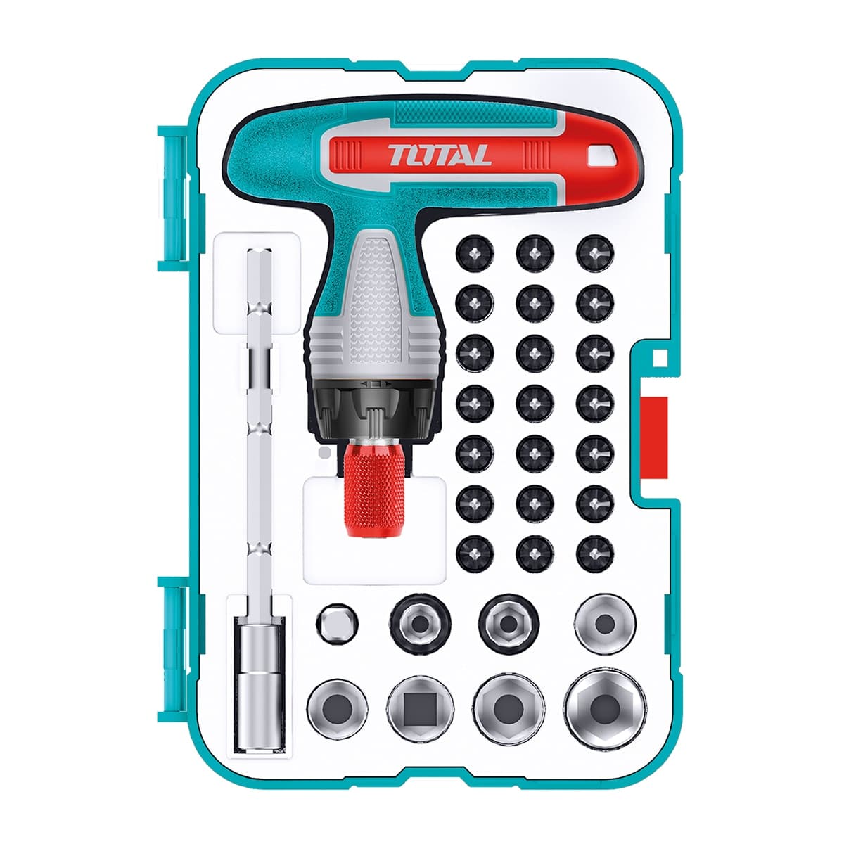 Total - Juego Carraca con Llave en "T" y 24 Piezas de Puntas y Vasos.