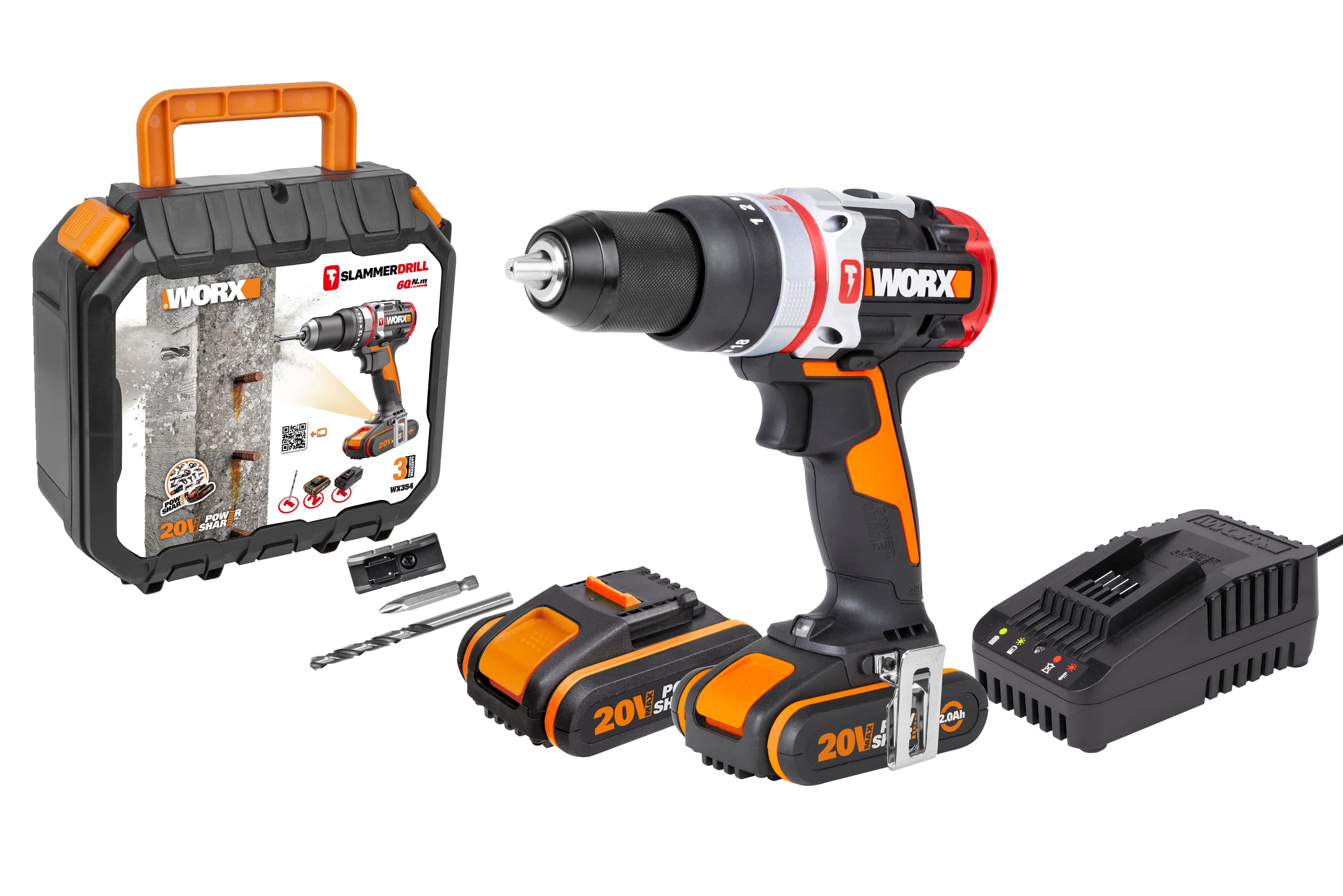 Worx - Taladro Percutor a Batería 20 V Motor Brushless WX354 2 baterías + Accesorios.