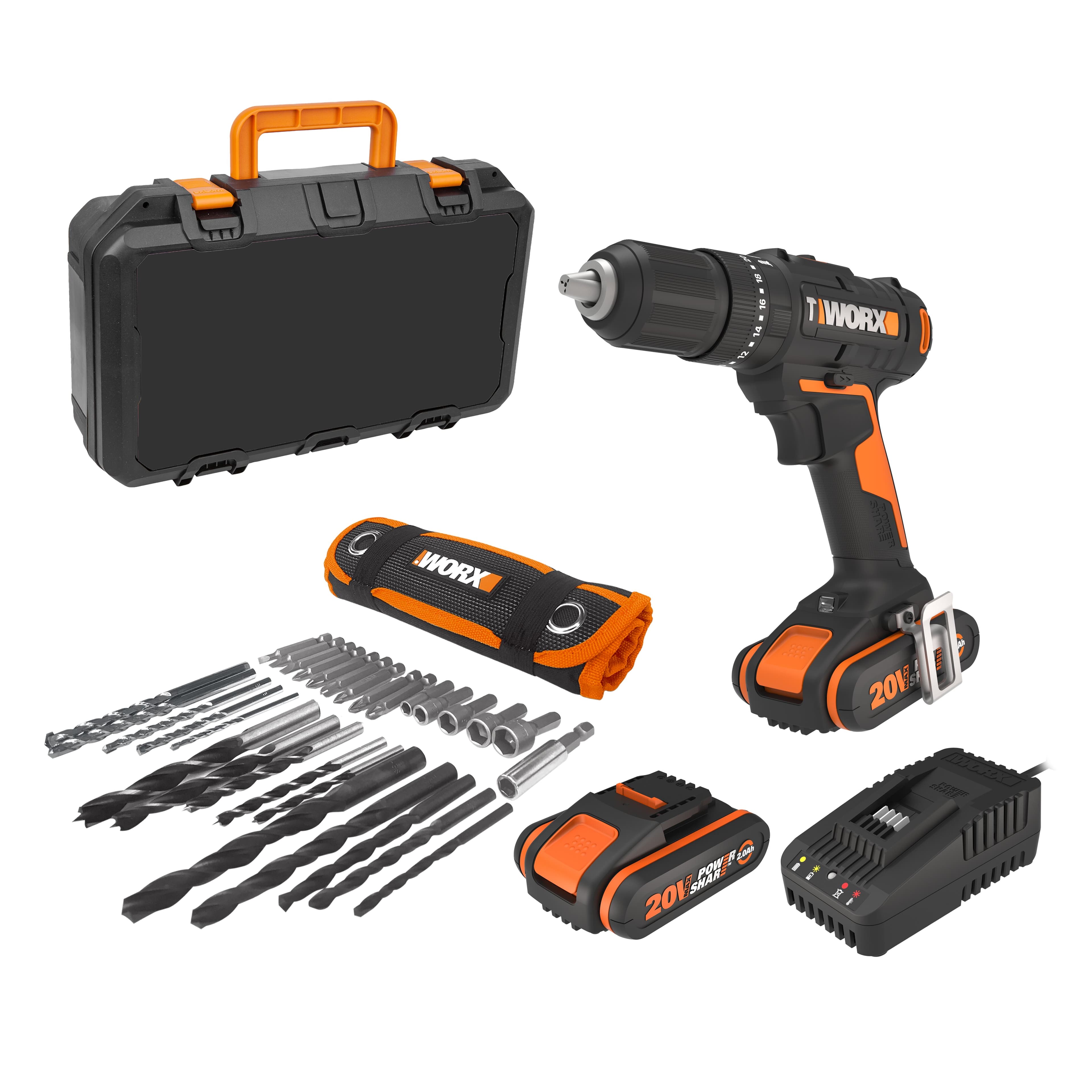 Worx - Taladro Atornillador Percutor a Batería 20 V WX370 PowerShare 2 baterías.