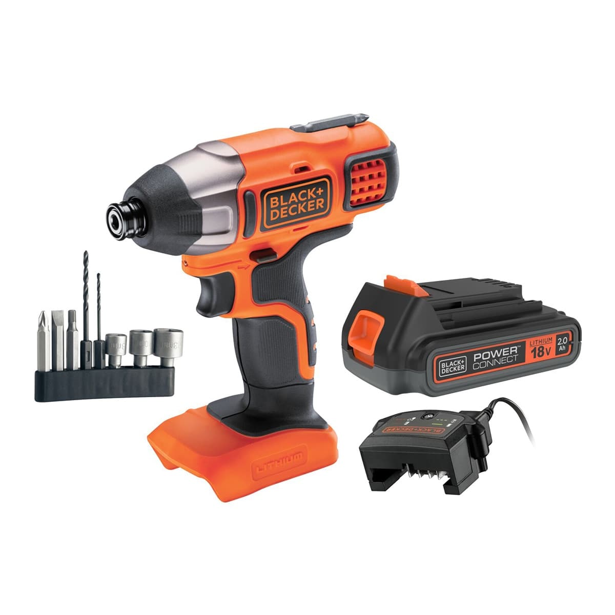 BLACK+DECKER - Atornillador Impacto 18V con 1 Batería de 2Ah + Cargador de 1Ah y 8 accesorios.