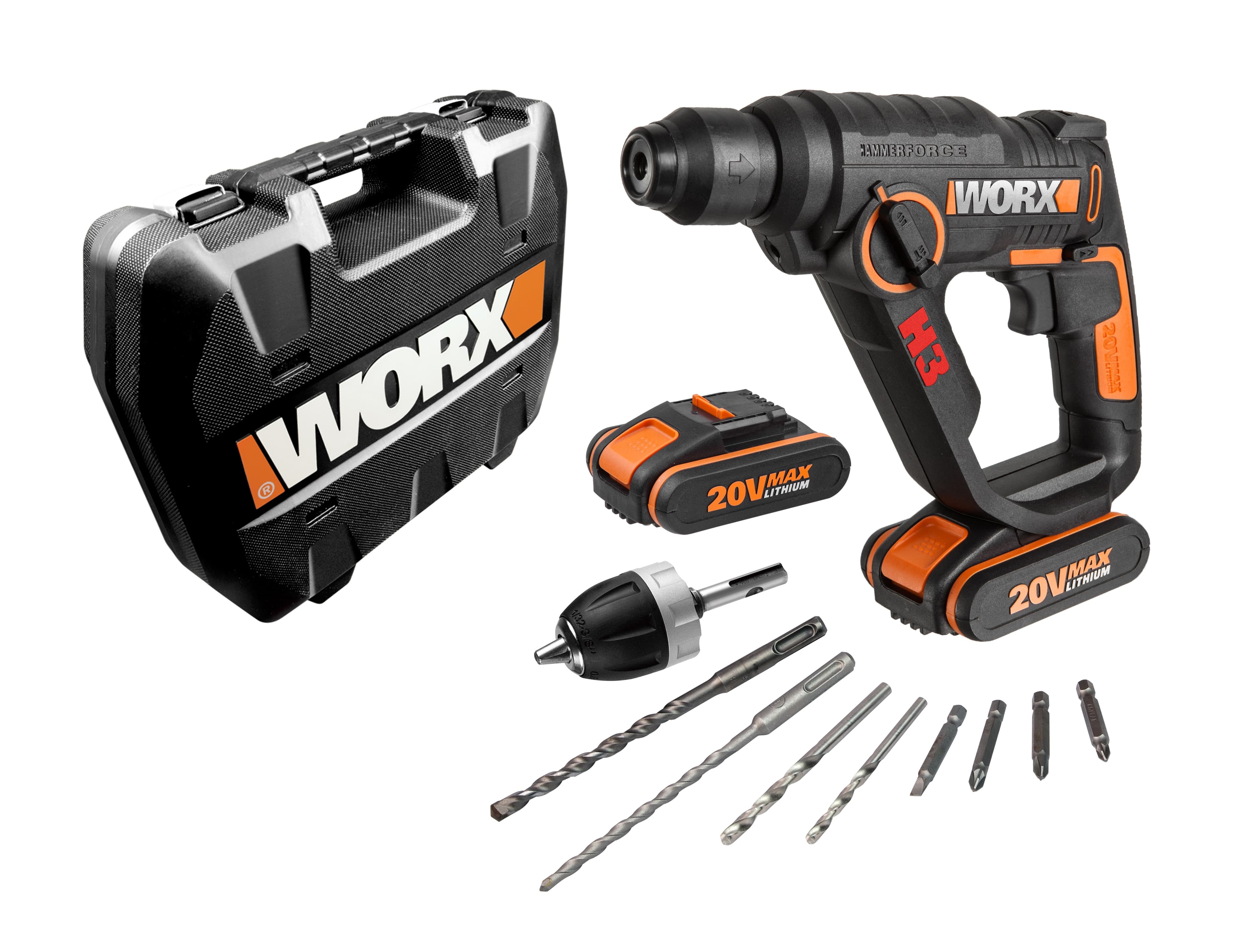 Worx - Martillo 3 en 1 a Batería 20 V SDS-Plus H3 WX390.1 PowerShare 2 baterías.