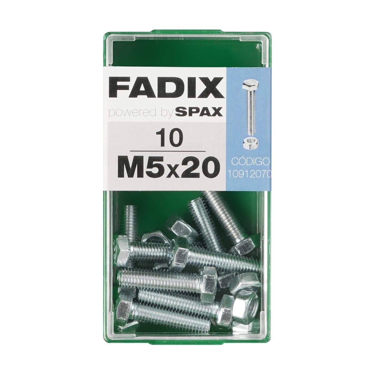 FADIX - Tornillo Cabeza Hexagonal + Tuerca M5 x 20 mm - Caja 10 Uds.