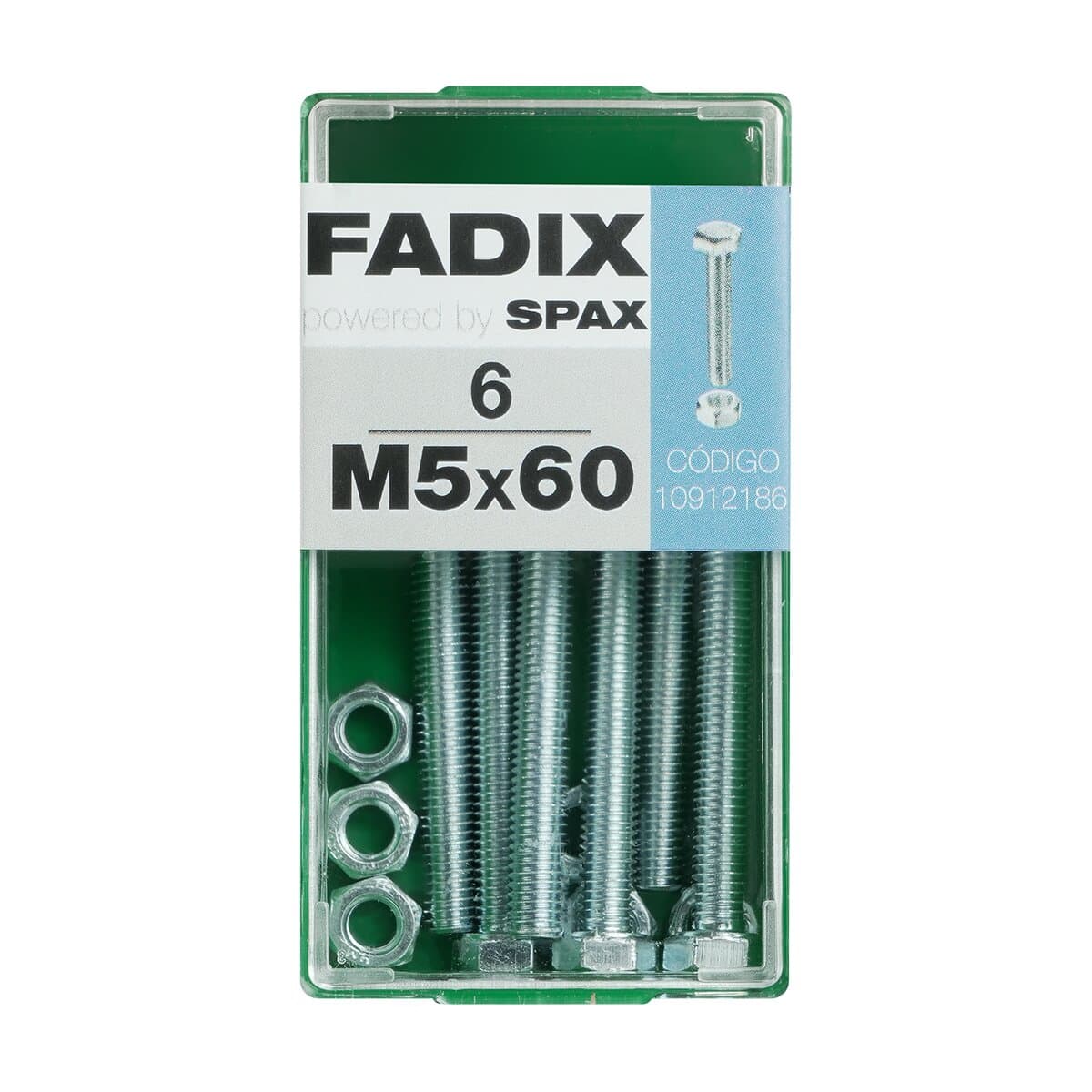 FADIX - Tornillo Cabeza Hexagonal + Tuerca M5 x 60 mm - Caja 6 Uds.